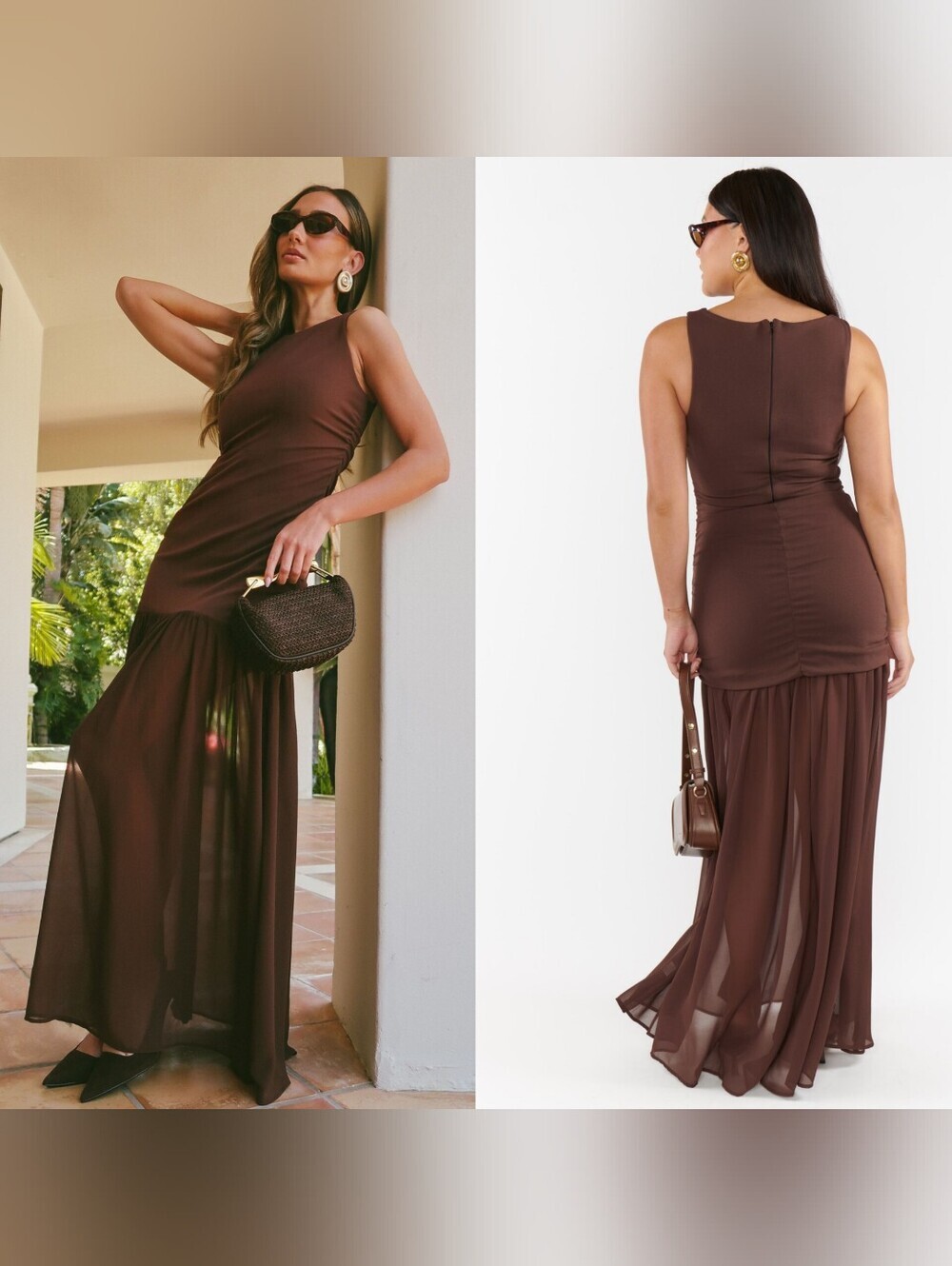 Show Me Your MuMu Aria Chocolate Stretch Chiffon Maxi Dress S Wedding Party
